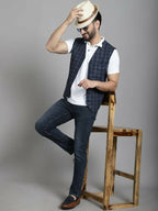 Even Apparels Checked Waistcoat With Welt Pockets - Navy Blue