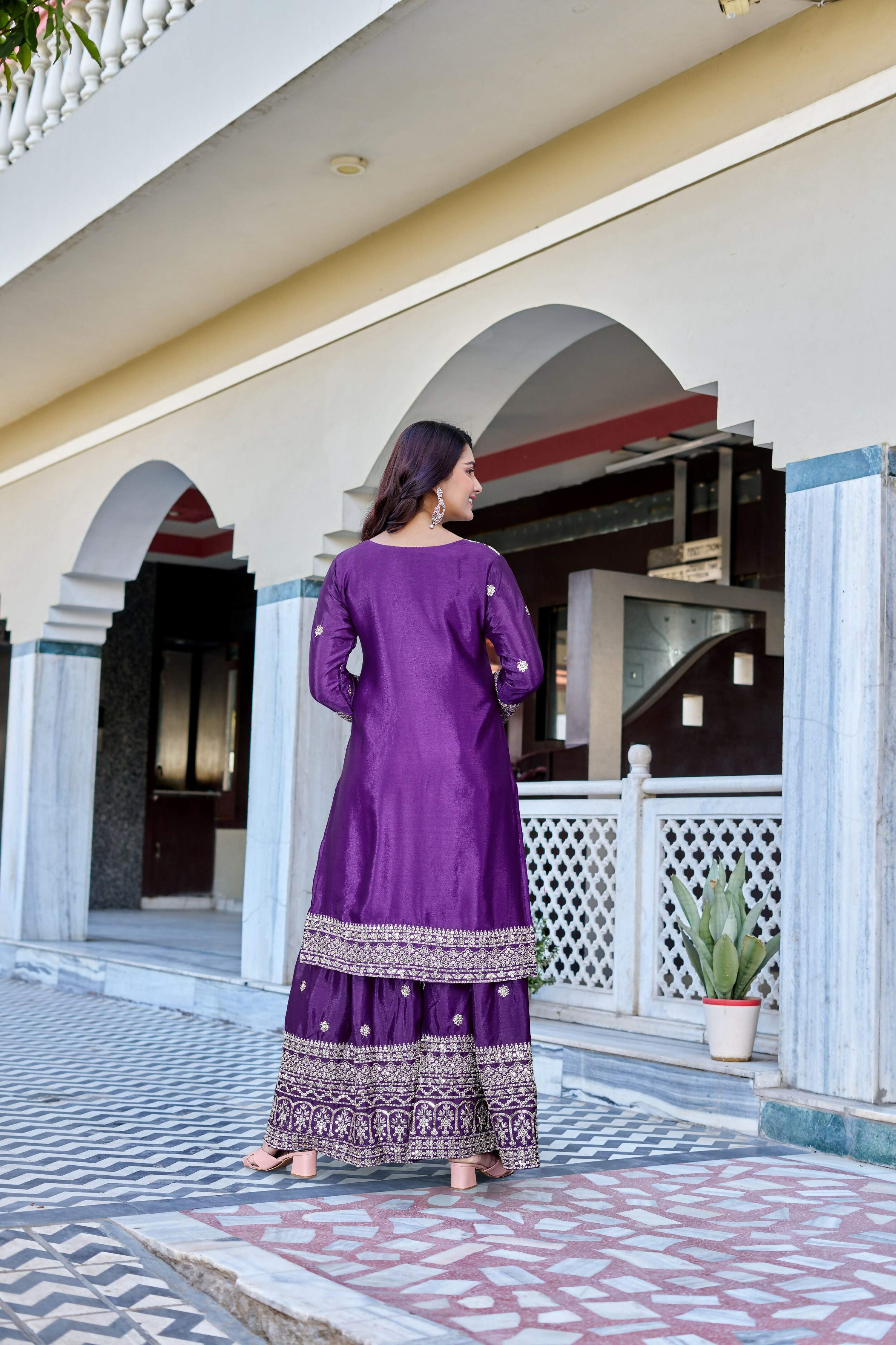 Teeya Creation Wine Color Chinon Silk Heavy Embroidery Work Wedding Wear Sharara - Distacart