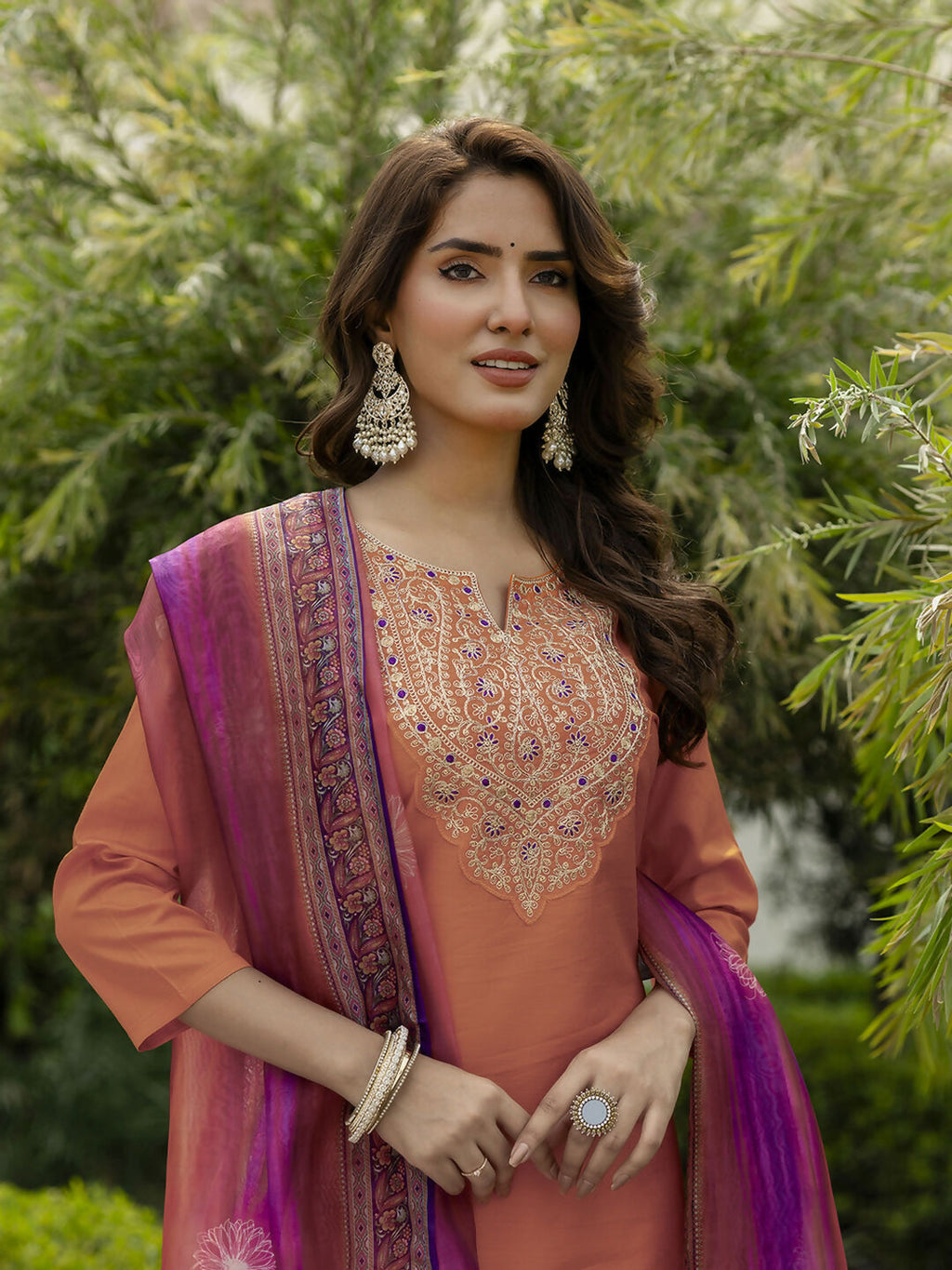 The52 Orange Women's Gorgeous Embroidered Rayon Fabric with Straight Kurta, Pant and Dupatta Set - Distacart