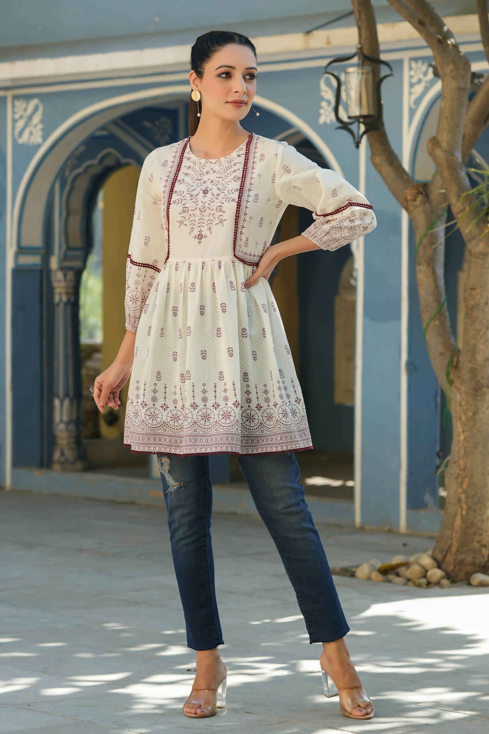 Juniper Women's White & Maroon Cambric Floral Printed Tunic - Distacart