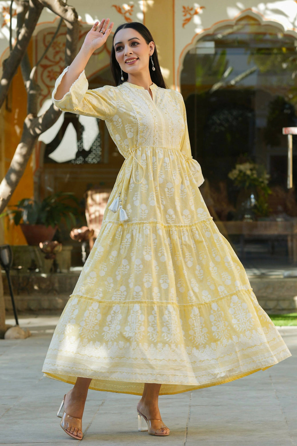 Juniper Women's Lemon Yellow Printed Teired Dress - Distacart