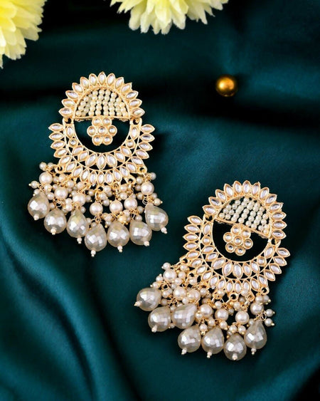 VOJ Gold-Polished Pearl Studded Chandbali Earrings