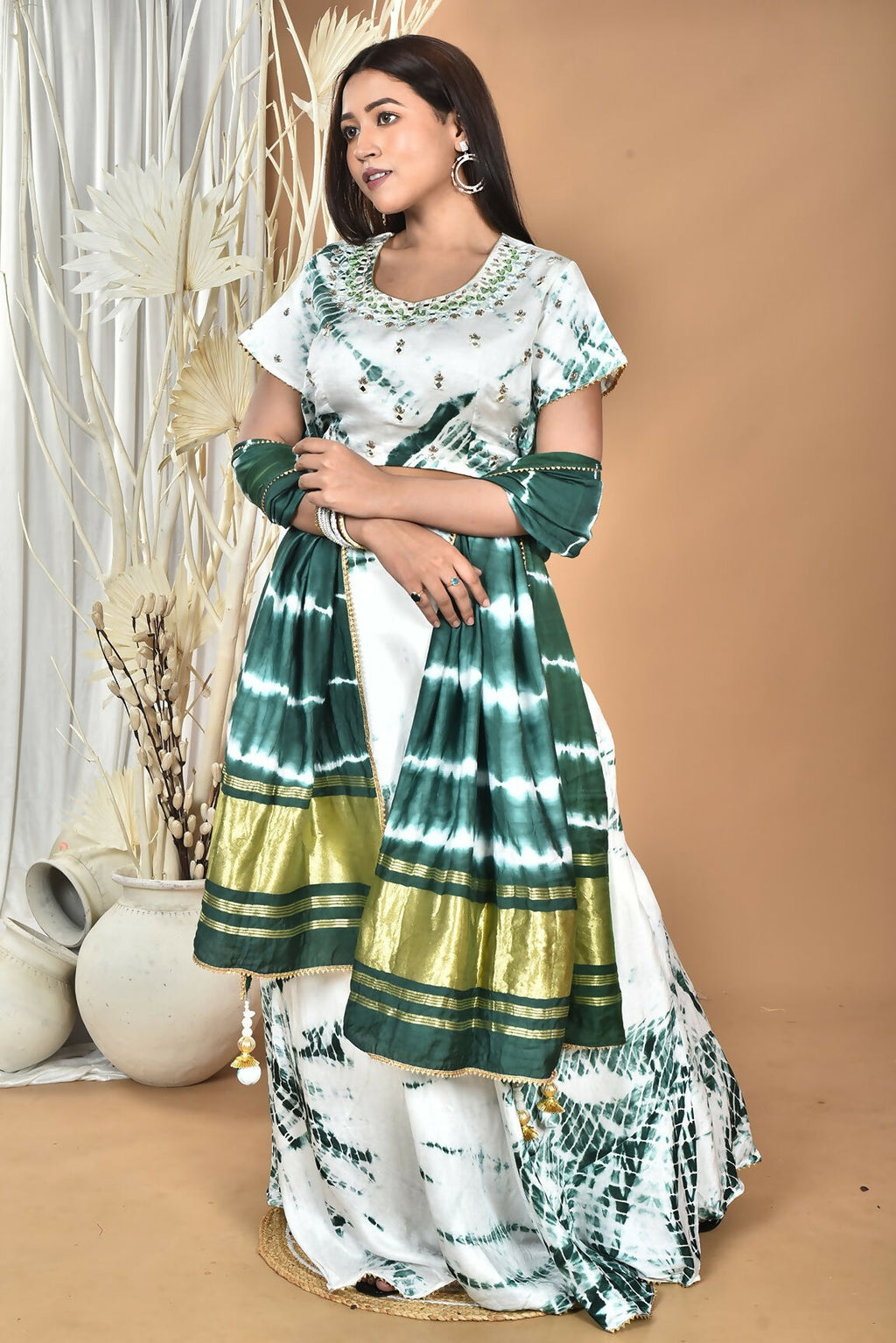 Morchari Women Tai Dai And Hand Embroidery Lehenga-Green