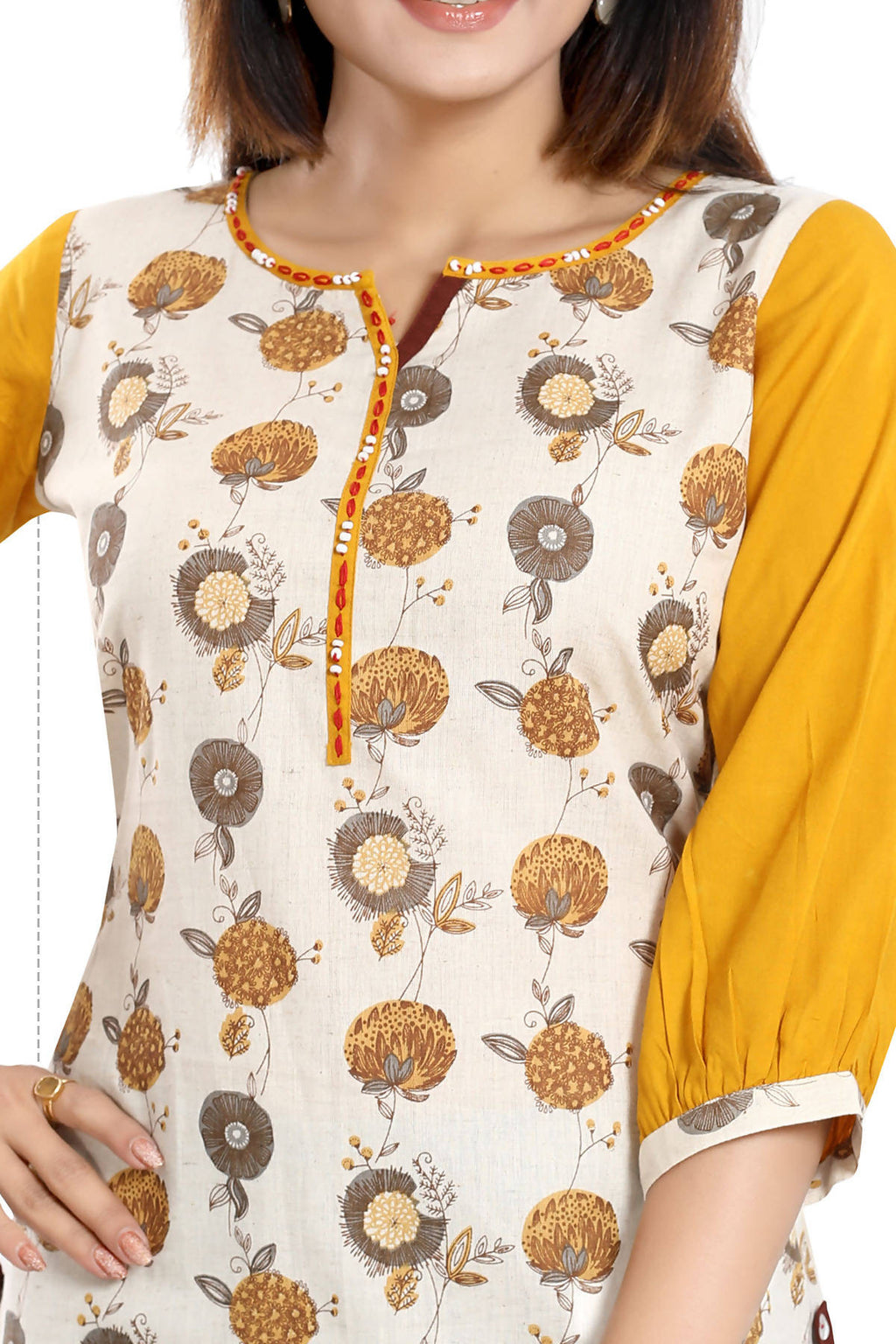 Snehal Creations Cream Cotton Printed Apple-Cut Short Tunic - Distacart