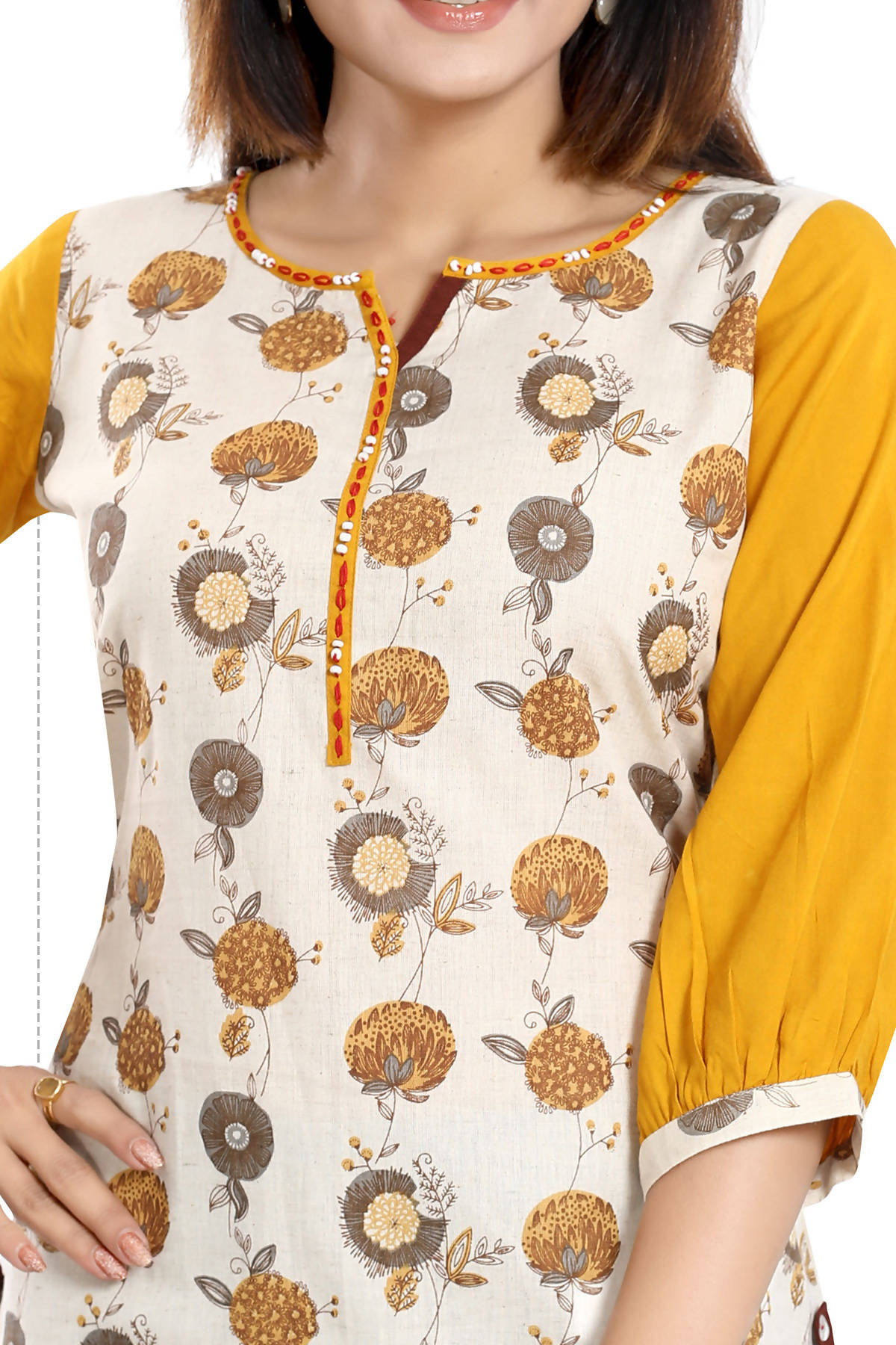 Snehal Creations Cream Cotton Printed Apple-Cut Short Tunic - Distacart