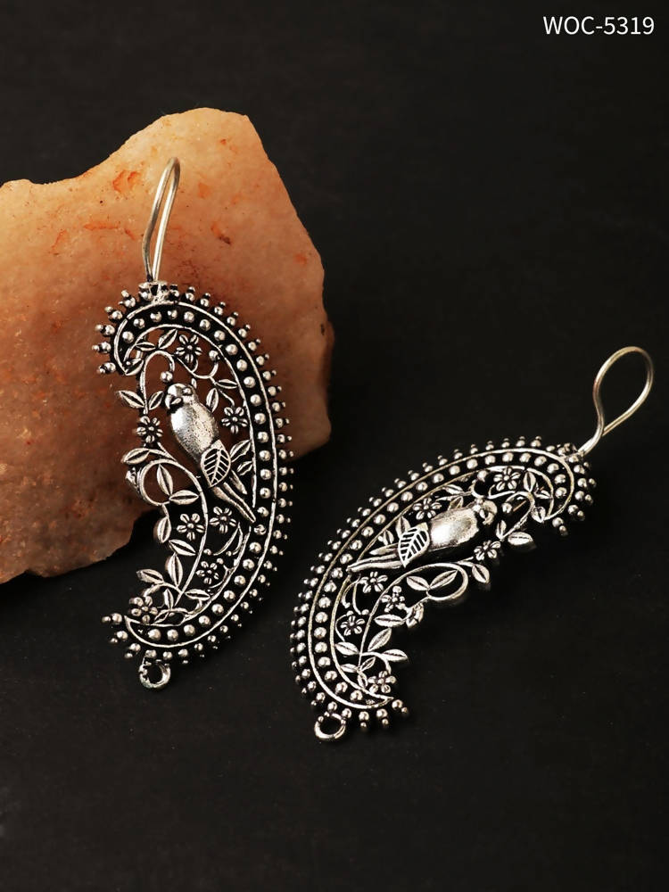 Mominos Fashion Johar Kamal Silver Parrot Hoops and Ghungroo Bali Combo Earrings
