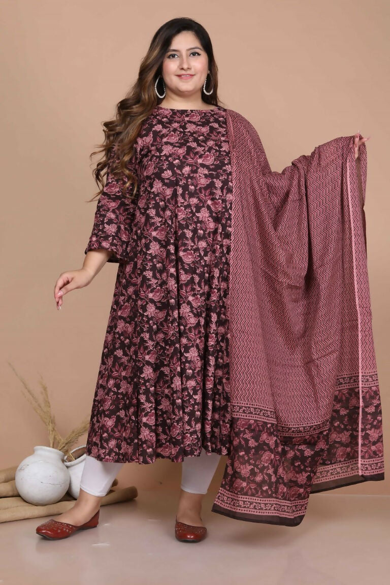 Miravan Women's Plus Size Stunning Maroon Bell Sleeve Floral Printed Anarkali Kurta Dupatta