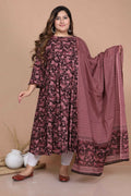 Miravan Women's Plus Size Stunning Maroon Bell Sleeve Floral Printed Anarkali Kurta Dupatta