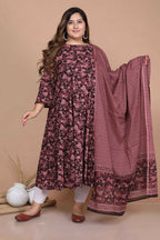 Miravan Women's Plus Size Stunning Maroon Bell Sleeve Floral Printed Anarkali Kurta Dupatta