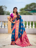 Vedant Vastram Soft Litchi Silk Banarasi Silk Jacquard Saree - Firozi