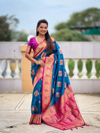 Vedant Vastram Soft Litchi Silk Banarasi Silk Jacquard Saree - Firozi