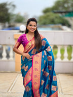 Vedant Vastram Soft Litchi Silk Banarasi Silk Jacquard Saree - Firozi