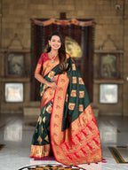 Vedant Vastram Soft Litchi Silk Banarasi Silk Jacquard Saree - Green