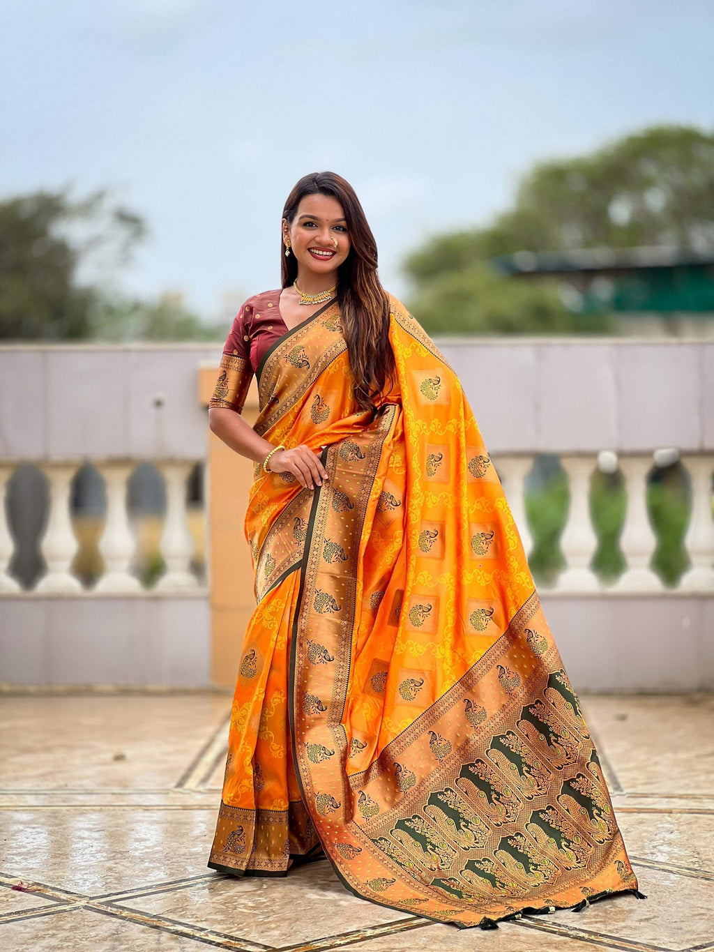 Vedant Vastram Soft Litchi Silk Banarasi Silk Jacquard Saree - Mustard