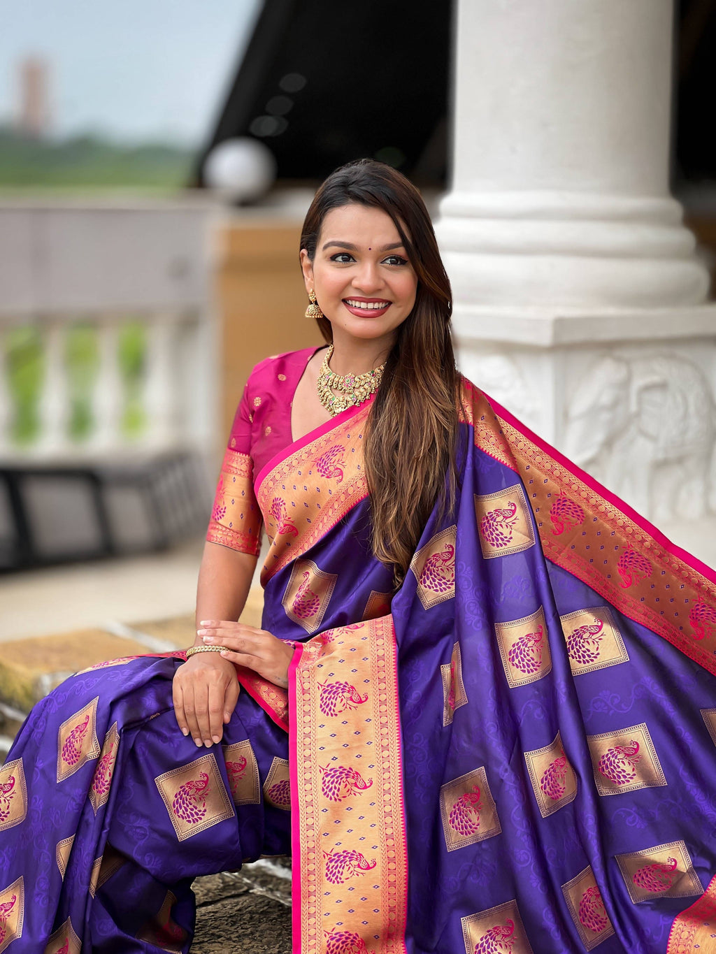 Vedant Vastram Soft Litchi Silk Banarasi Silk Jacquard Saree - Violet