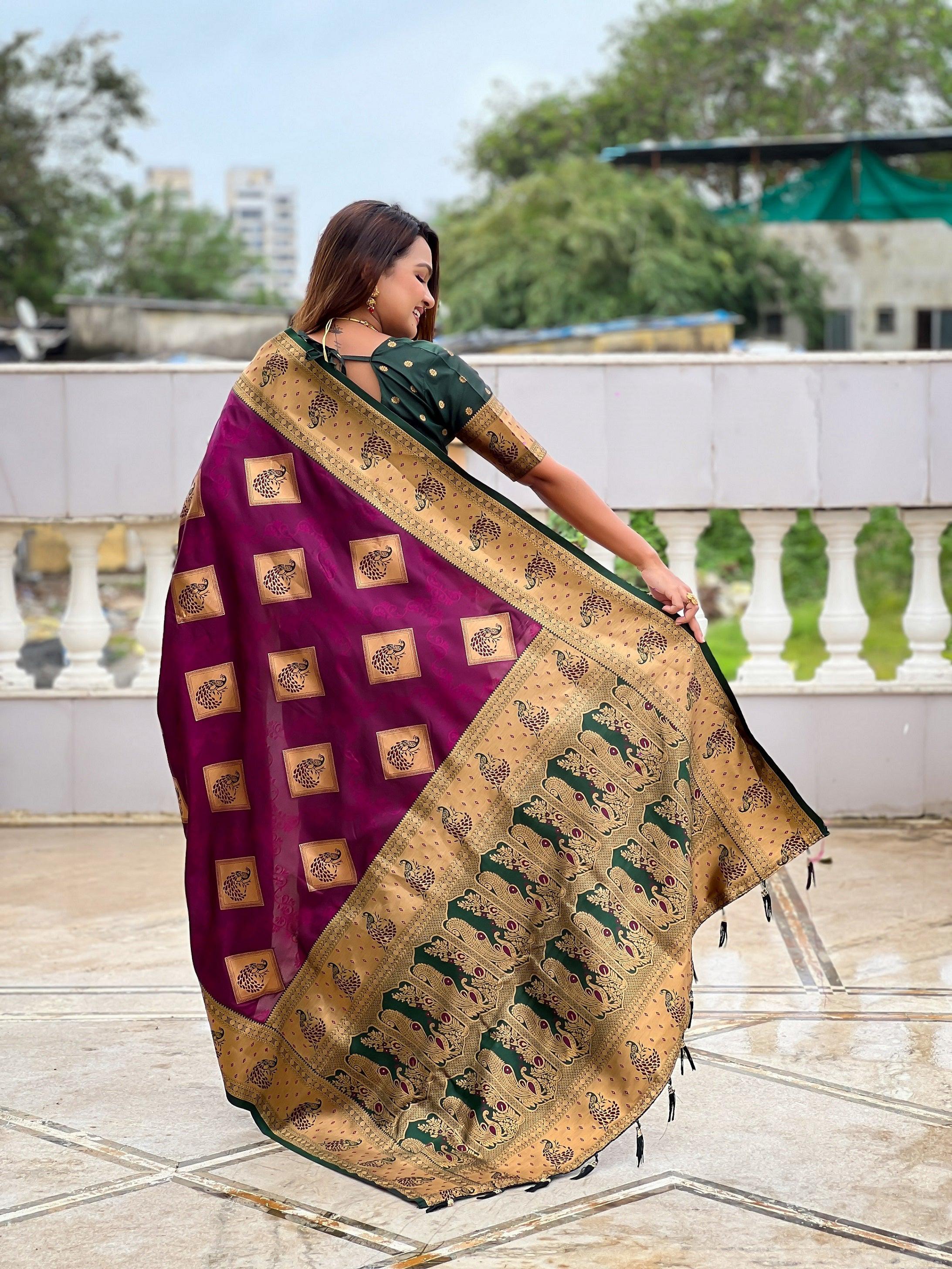 Vedant Vastram Soft Litchi Silk Banarasi Silk Jacquard Saree - Wine