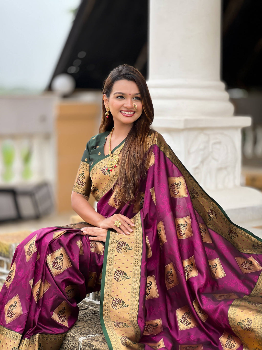 Vedant Vastram Soft Litchi Silk Banarasi Silk Jacquard Saree - Wine