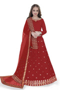 Dwiden Red Queen Tafetta Sattin Semi-Stitched Girl's Lehenga Choli