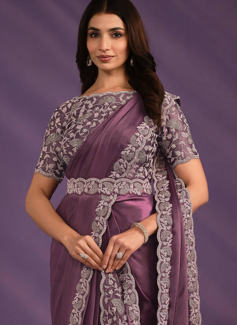 Light Purple Crepe Satin Silk Embroidered Saree With Stitched Blouse - Mohmanthan Exotica