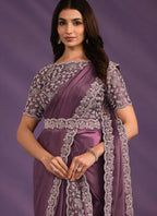 Light Purple Crepe Satin Silk Embroidered Saree With Stitched Blouse - Mohmanthan Exotica