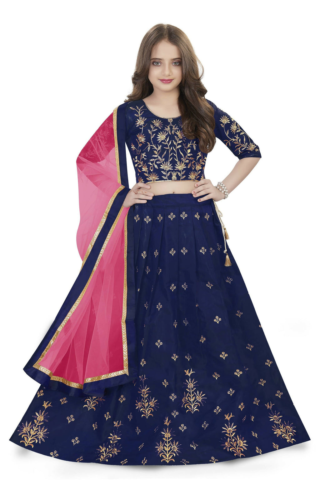 Dwiden Navy Blue Rohini Tafetta Sattin Semi-Stitched Girl's Lehenga Choli
