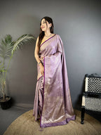 Joban Fashion Lavender Floral Motifs & Ethnic Design Soft Satin Silk Kanchipuram Saree - Distacart