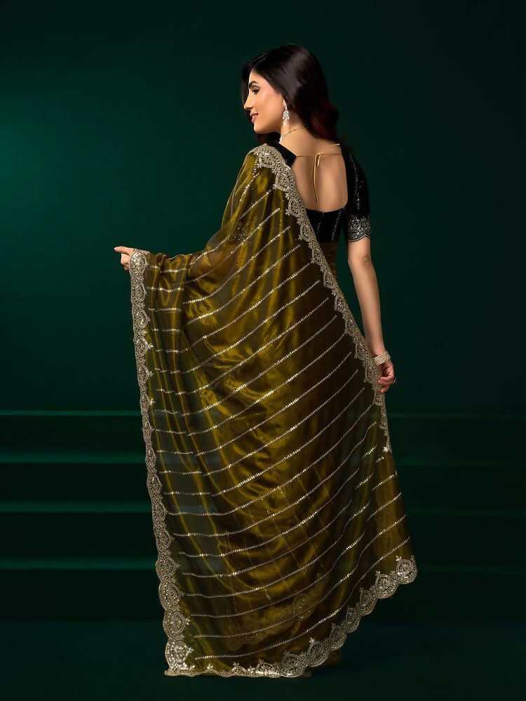 Joban Fashion Mehendi Green Net Party Wear Sarees - Distacart