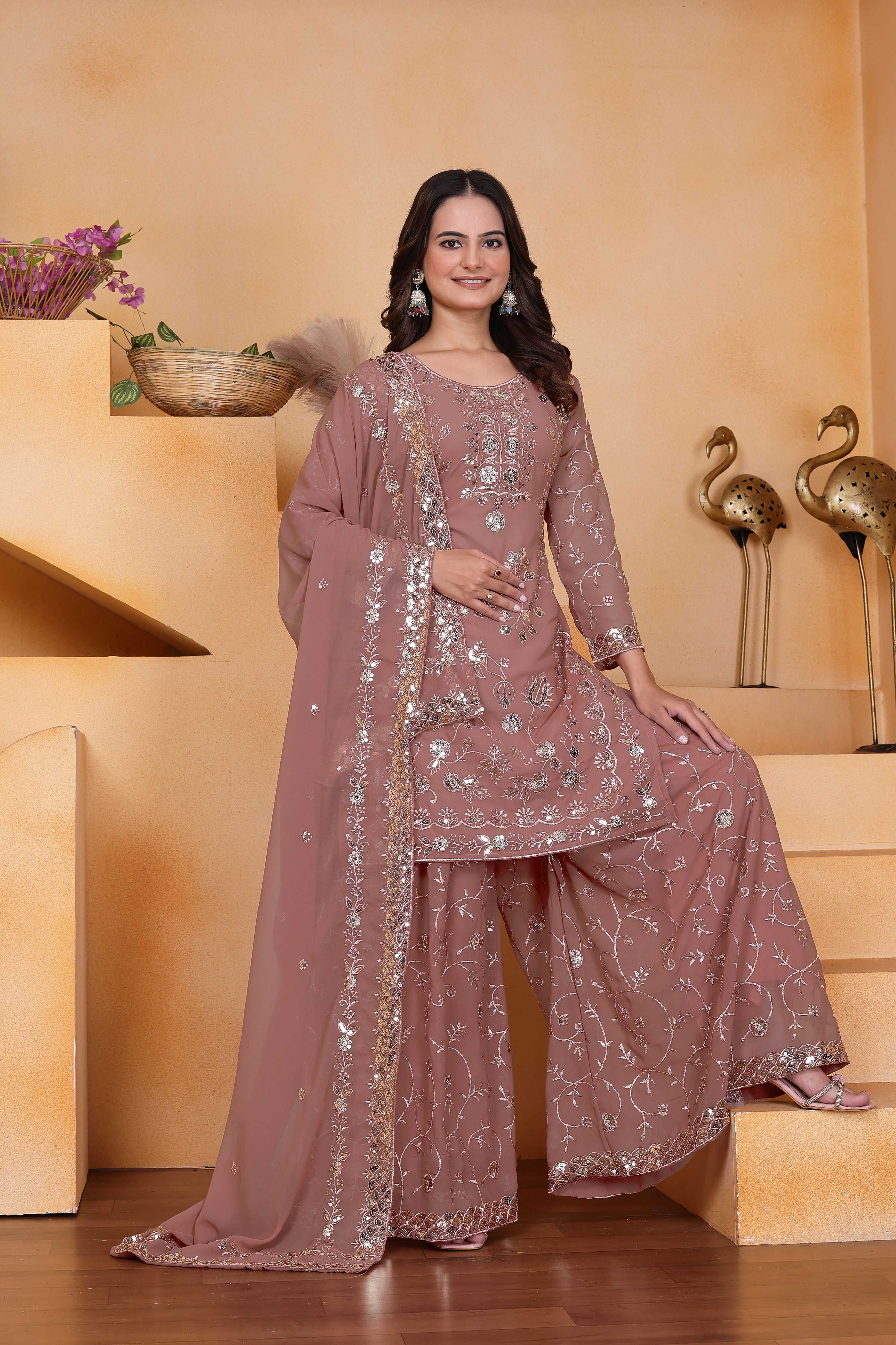 Lehenga Mart Designer Sharara Suit With Kurta, Sharara, Dupatta For Women-Mauve - Distacart