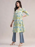 Aavyora Women's Off-White and Blue Cotton A-Line Tunic with Blue and Green Floral Print.