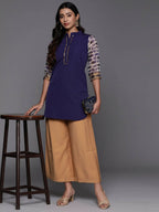 Ahalyaa Blue & Gold-Toned Mandarin Collar Printed Tunic - Blue Color