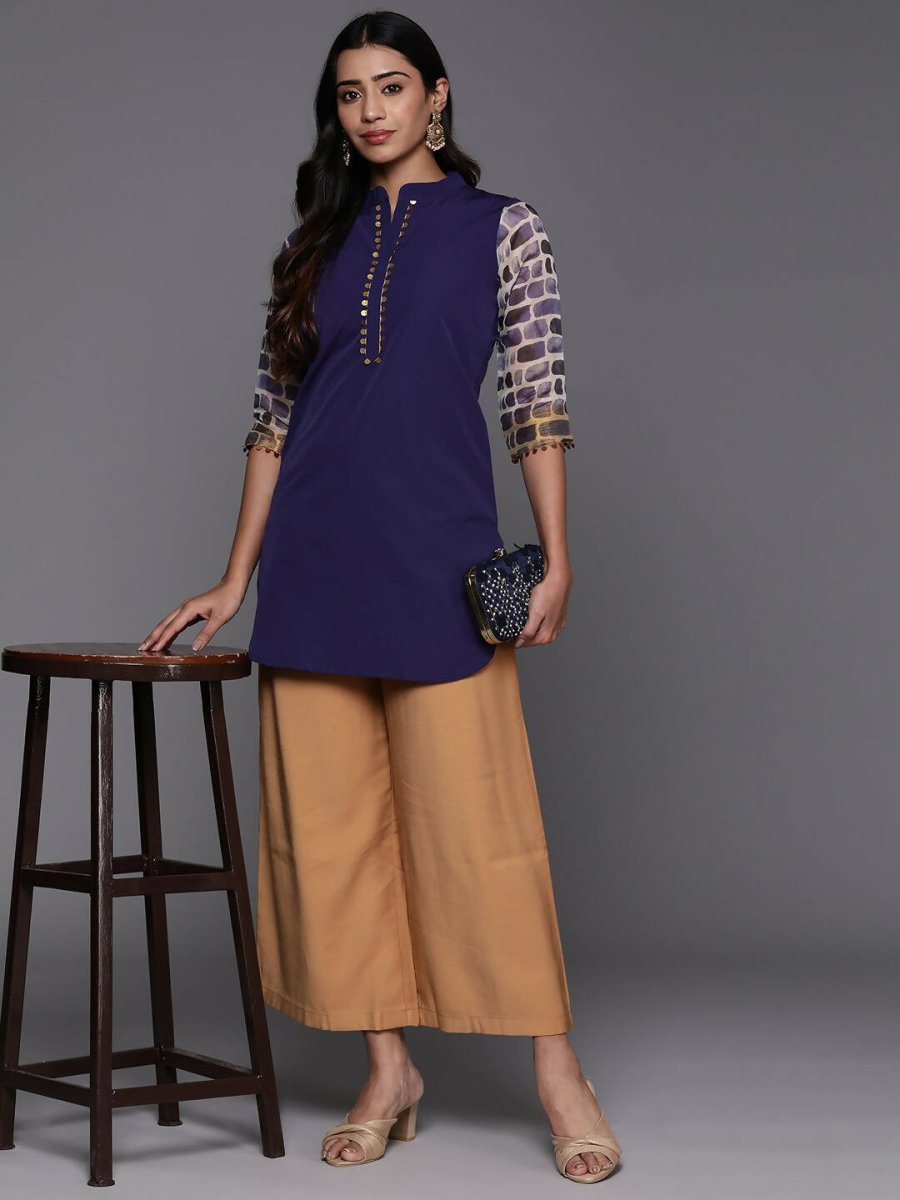 Ahalyaa Blue & Gold-Toned Mandarin Collar Printed Tunic - Blue Color