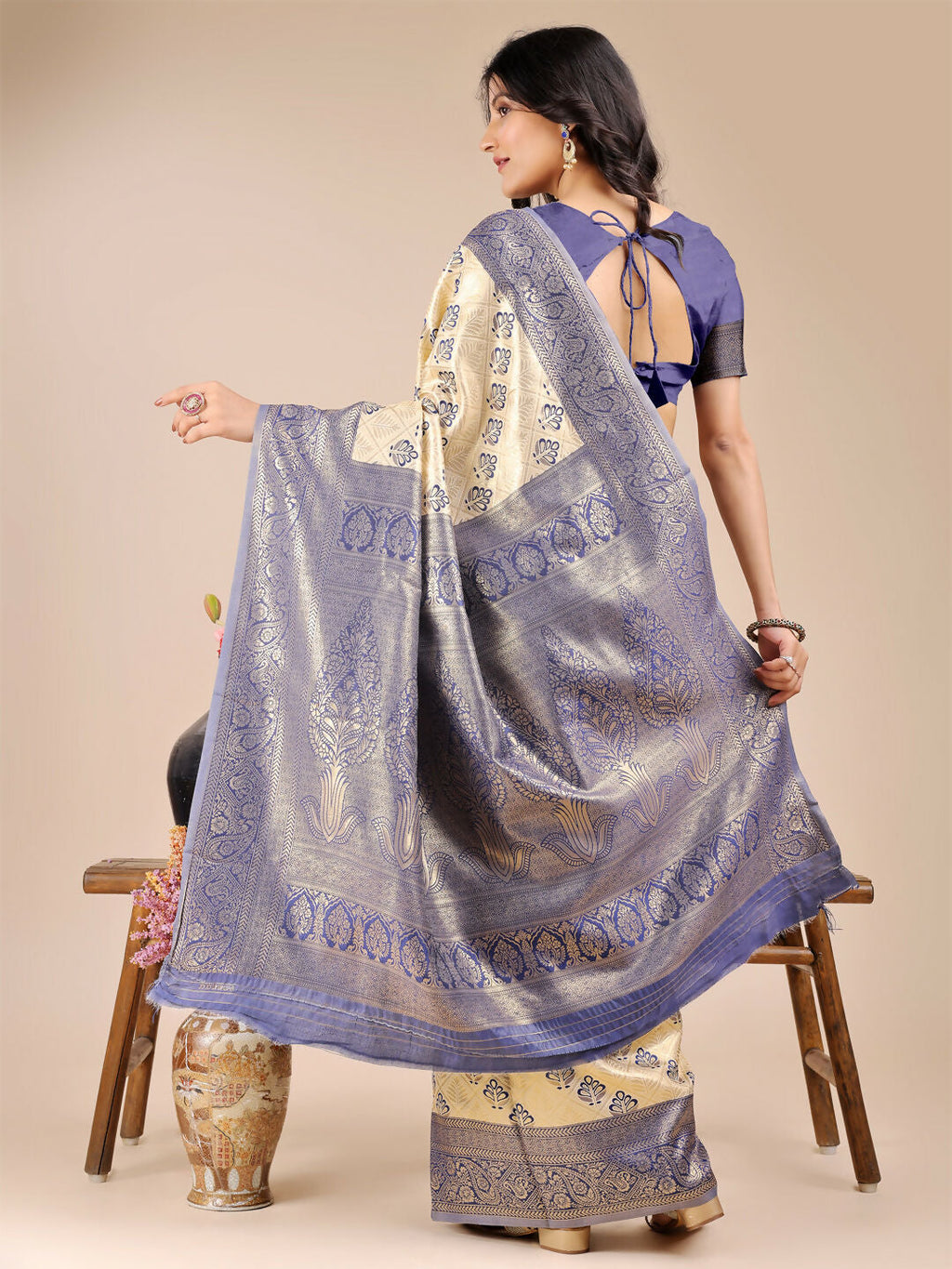 Shree Shyam Fashion Aura Silk Cream Navy Blue Banarasi Silk Saree