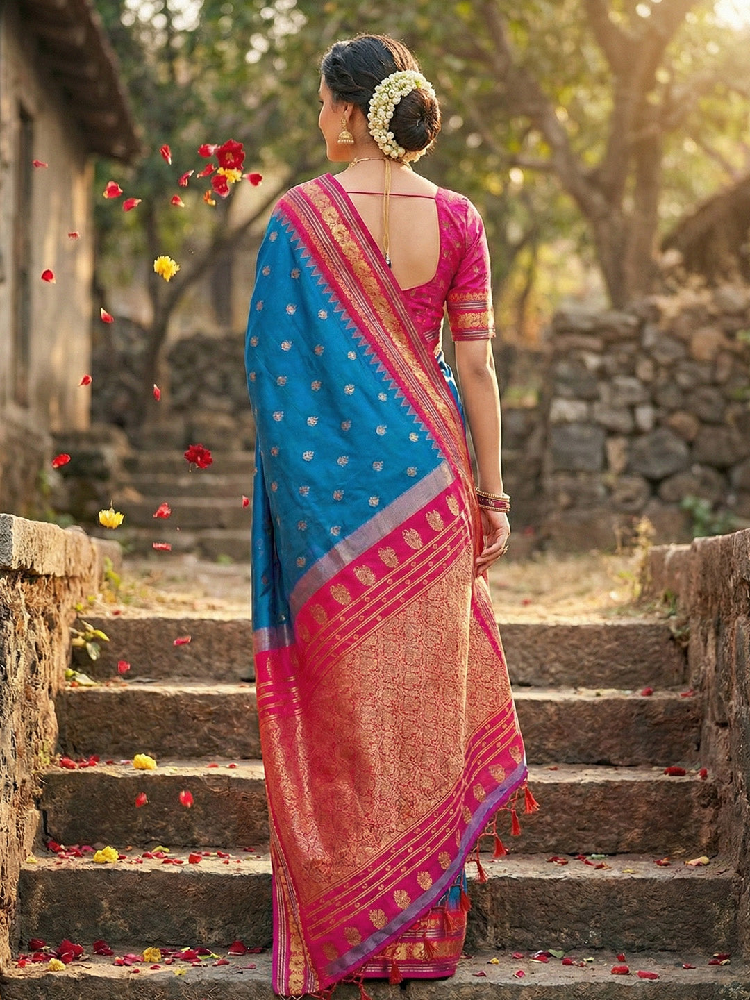 Anaita Blue Silk Woven Saree With Blouse - Distacart