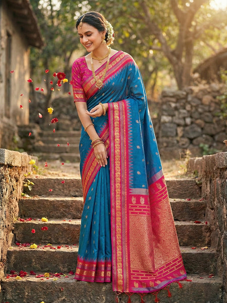 Anaita Blue Silk Woven Saree With Blouse