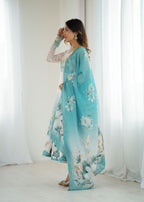 Lorenvalley Fashion Soft Organza Silk Front On Fancy Badla Jari Work Flower Position Print Outing Work Anarkali Kurta Pant With Dupatta Set