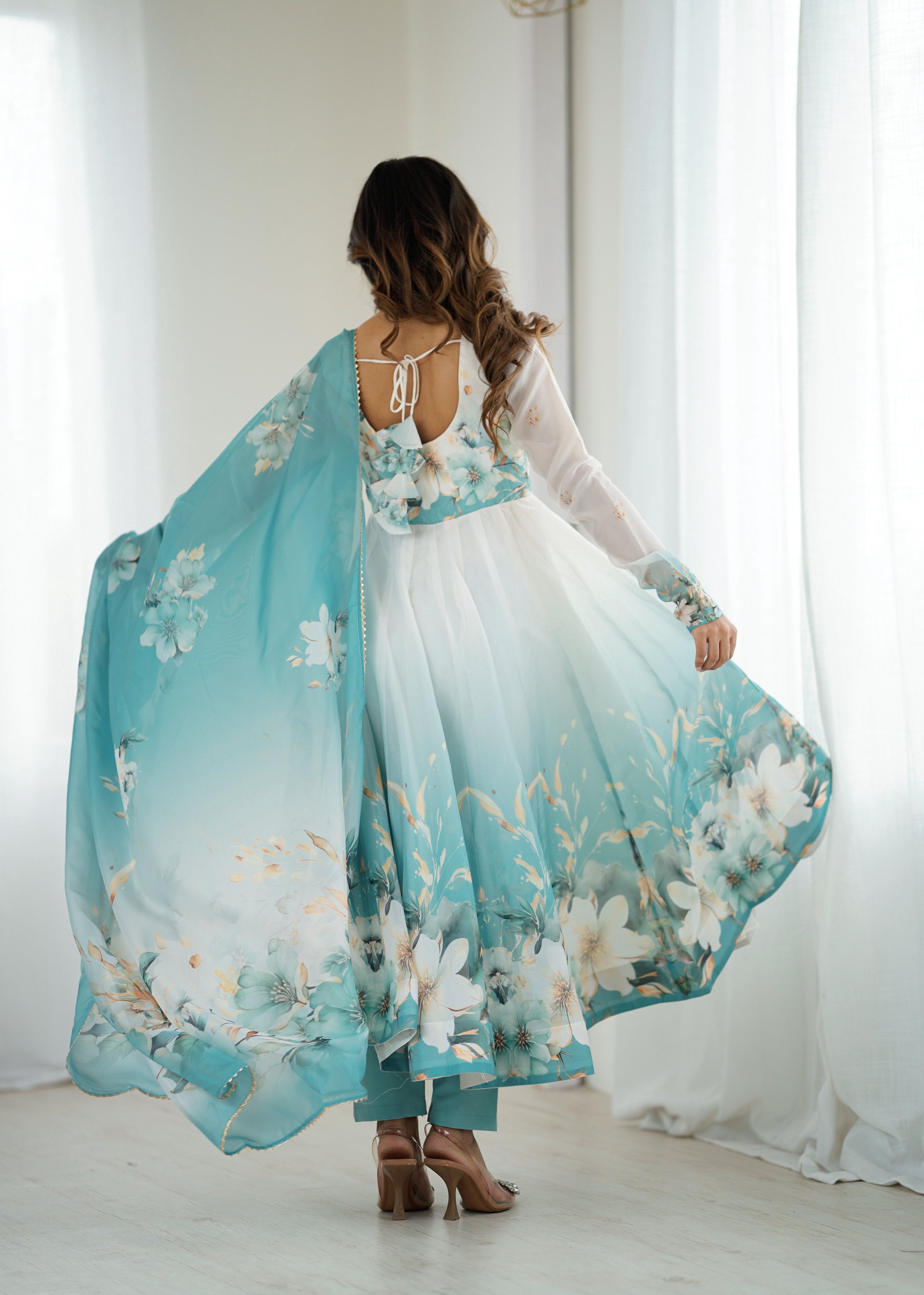 Lorenvalley Fashion Soft Organza Silk Front On Fancy Badla Jari Work Flower Position Print Outing Work Anarkali Kurta Pant With Dupatta Set