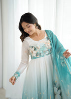 Lorenvalley Fashion Soft Organza Silk Front On Fancy Badla Jari Work Flower Position Print Outing Work Anarkali Kurta Pant With Dupatta Set