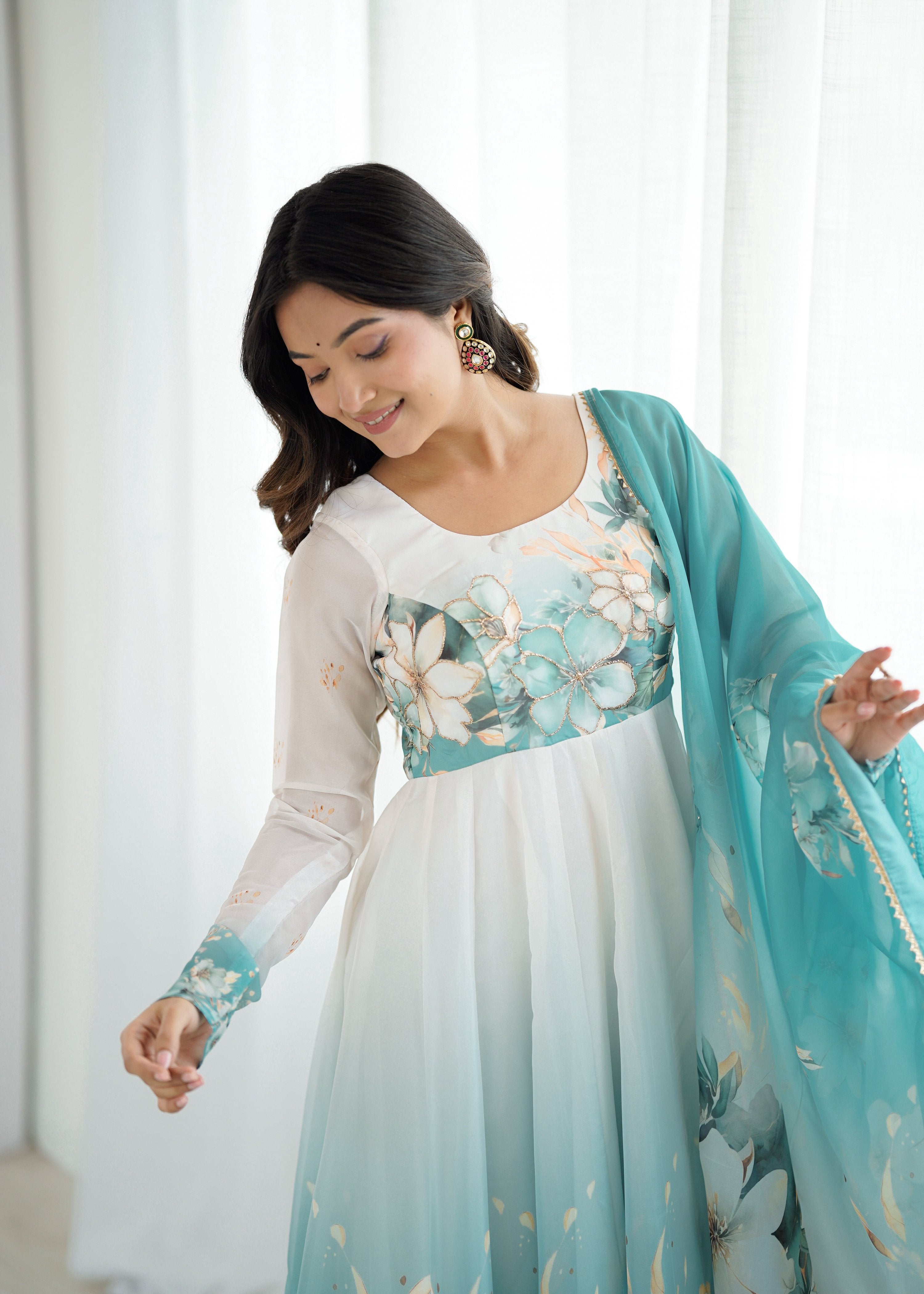 Lorenvalley Fashion Soft Organza Silk Front On Fancy Badla Jari Work Flower Position Print Outing Work Anarkali Kurta Pant With Dupatta Set
