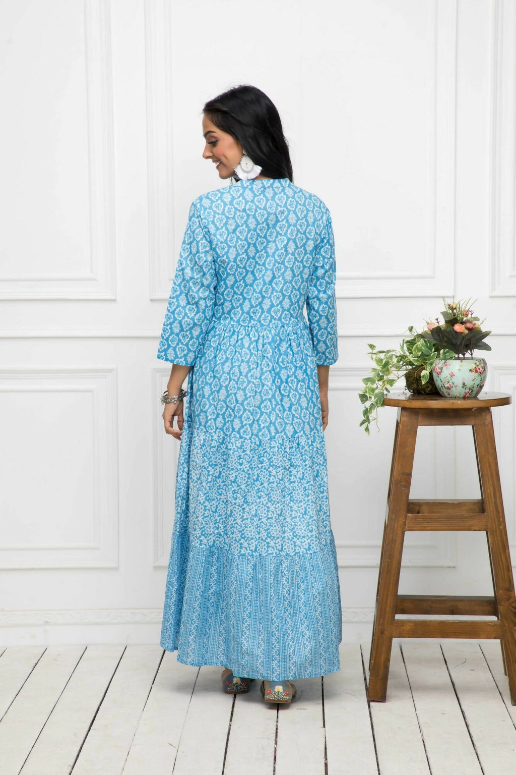 Myshka Women Blue Floral Cotton A-Line Mandarin Collar Long Dress - Distacart