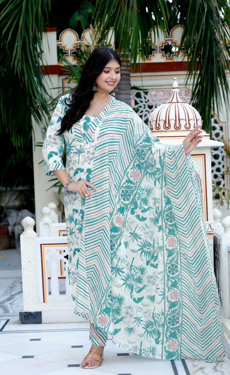Miravan Women's Light Green Scenic Birds And Leaf Straight Pakistani Style Suit Set