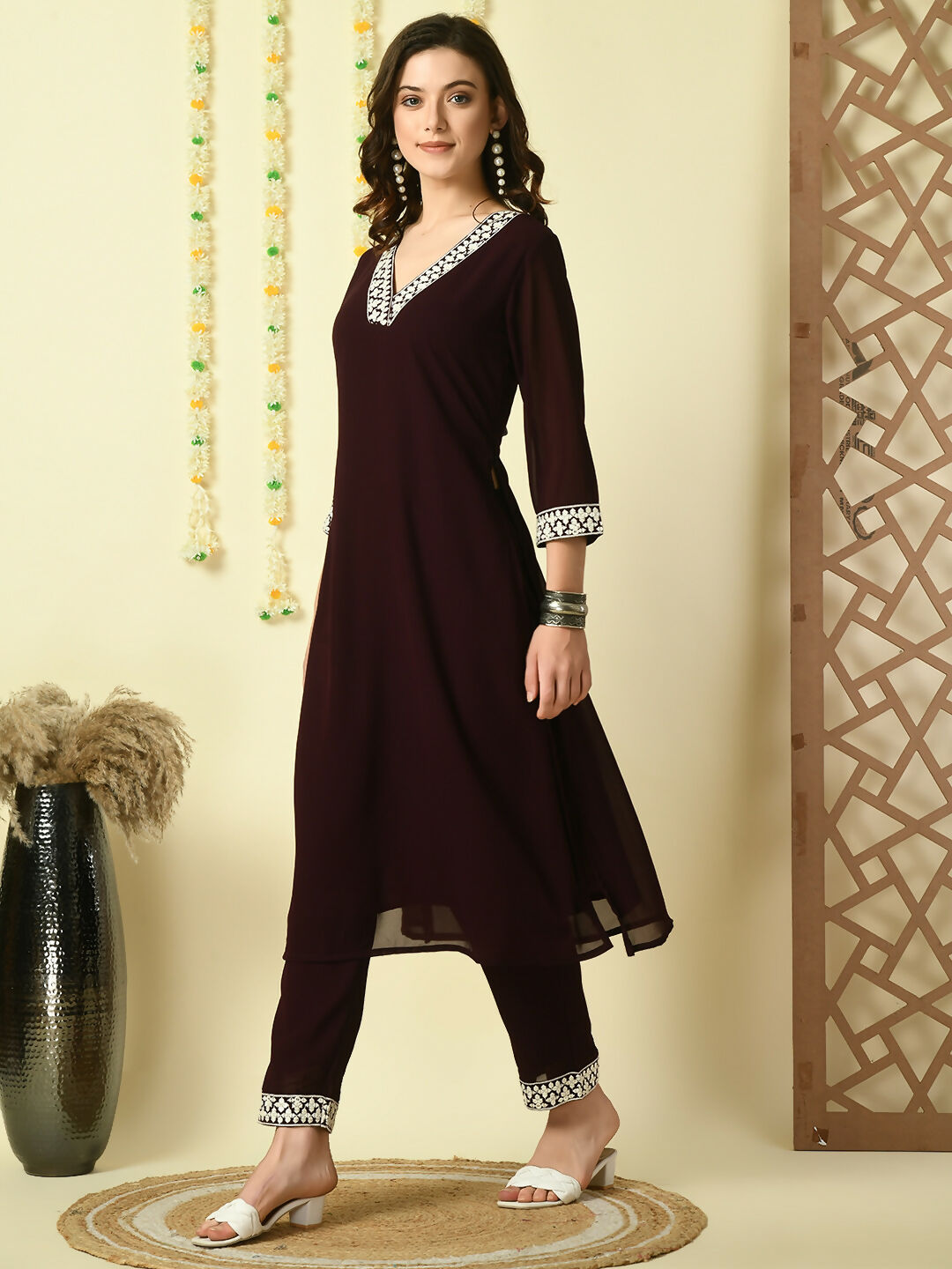 Myshka Women's Coffee Brown Georgette Kurta & Trousers With Dupatta Party Sets