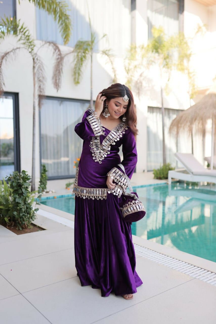 Joban Fashion Purple Kurta Set Velvet Embroidery Sequence Work - Distacart