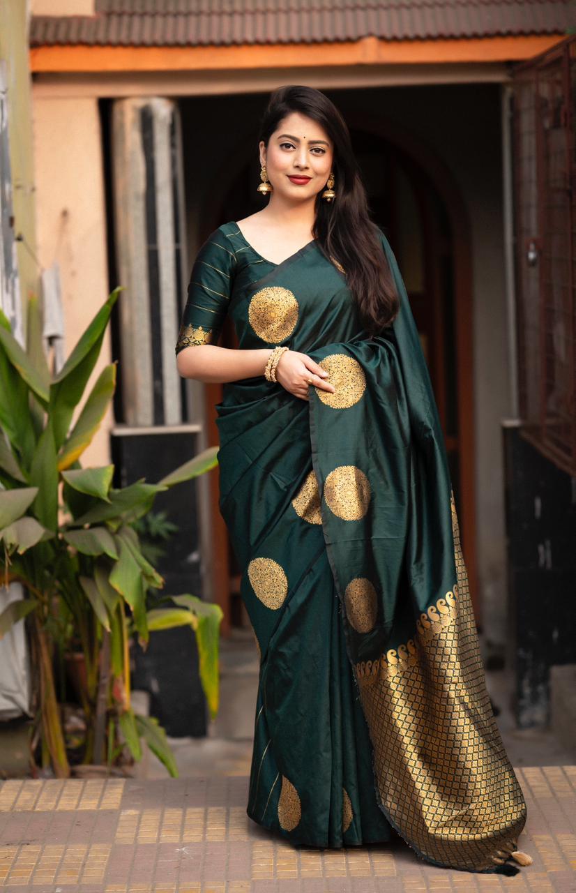 Green Silk Woven Saree with Unstitched Blouse - Hiral Fashion