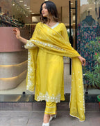The52 Yellow Women's Gorgeous Embroidered Georgette Fabric Straight Kurta Pant with Dupatta Set - Distacart