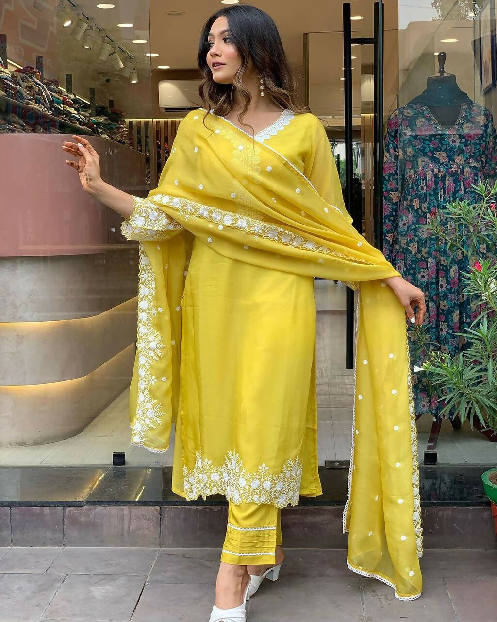 The52 Yellow Women's Gorgeous Embroidered Georgette Fabric Straight Kurta Pant with Dupatta Set - Distacart