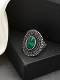 NVR Women's Green Silver-Toned German Silver Adjustable Finger Ring