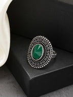 NVR Women's Green Silver-Toned German Silver Adjustable Finger Ring