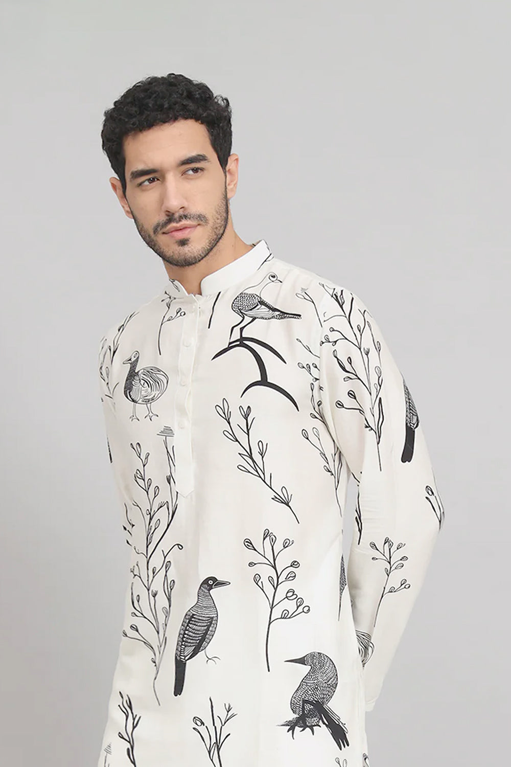 Feathered Birds Print Cotton Kurta by Hilo Design