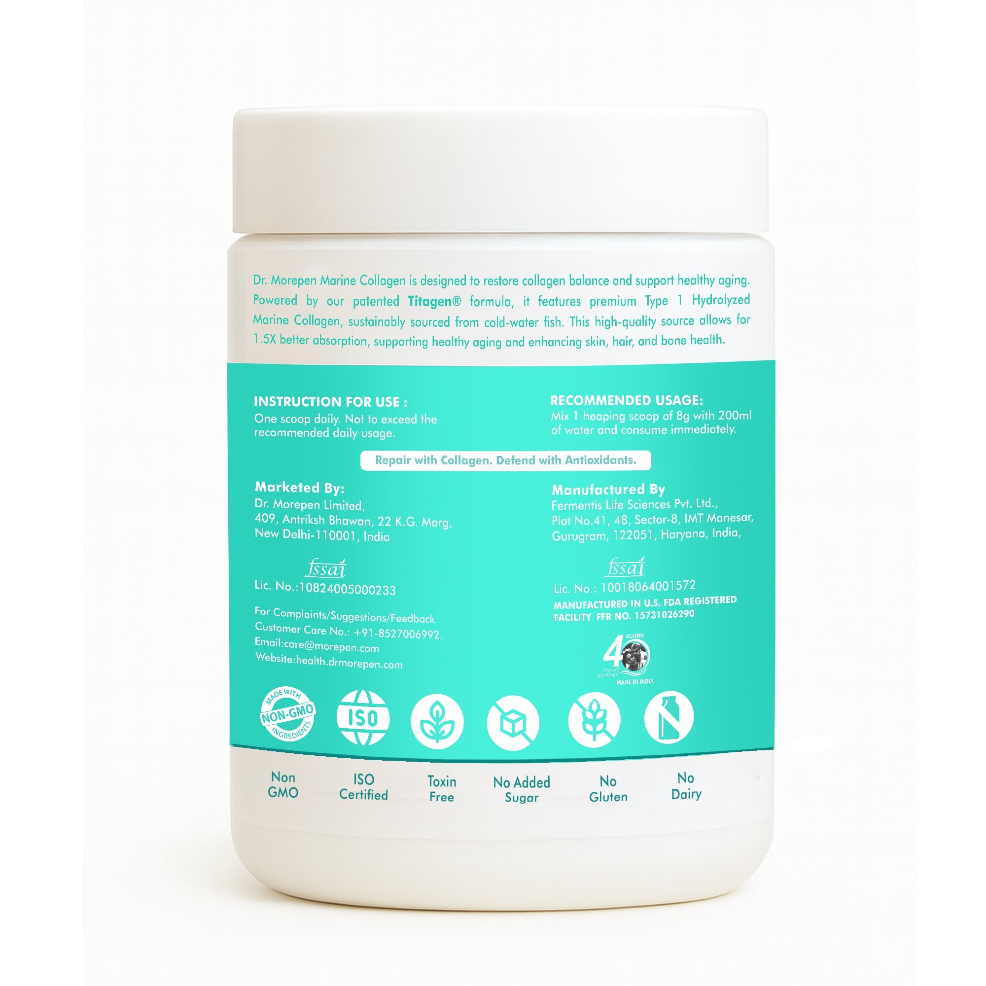 Dr. Morepan Marine Collagen Powder with Glutathione, Hyaluronic Acid, Resveratrol & Biotin Lemon Lime Flavour - Distacart