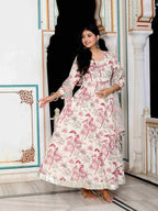 Miravan Women's Light Pink Cotton Birds And Leaf Floral Printed Anarkali Kurta And Dupatta Set